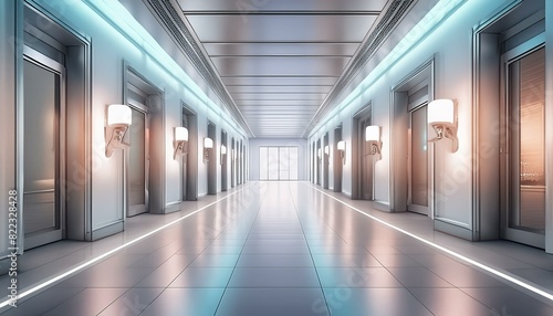 corridor in a hotel, 3D render, an Empty white futuristic corridor with neon blue and pink lights, leading to a sleek, modern interior with silver walls, 