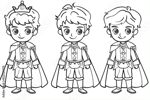 coloring pages with cute prince characters, coloring book, happy prince characters set. vector outline fantasy monarch kingdom a prince. medieval fairytale prince character.
