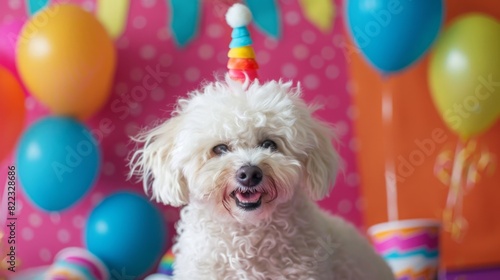 A fluffy white dog wearing a cute costume, posing in a studio with colorful props and a playful backdrop. --ar 16:9 --style raw Job ID: 6e20f525-ed5b-4483-aee1-43ec168853cf © songwut