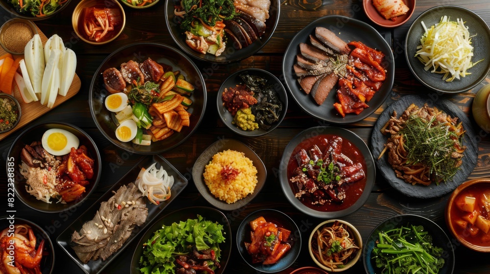 A high-quality shot of a traditional Korean barbecue spread, capturing the vibrant colors and textures of the dishes. A high-quality shot of a traditional Korean barbecue spread, capturing the vibrant colors and textures of the dishes.