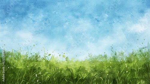 Fototapeta Naklejka Na Ścianę i Meble -  blurred grassy horizon abstract blue sky and green meadow watercolor texture summer background illustration