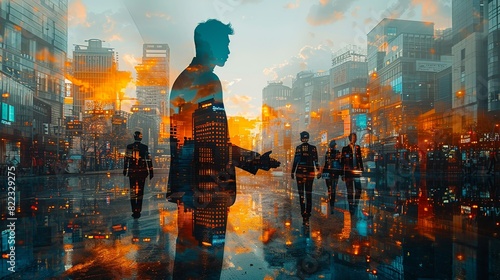 Double exposure Business  Businessman negotiating a deal  superimposed on images of office buildings and teamwork  representing successful business collaborations in an urban setting. Illustration