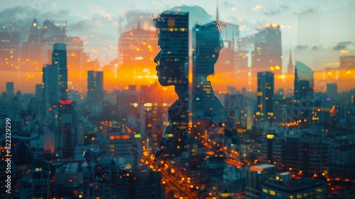 Double exposure Business, Businessman negotiating a deal, superimposed on images of office buildings and teamwork, representing successful business collaborations in an urban setting. Illustration photo