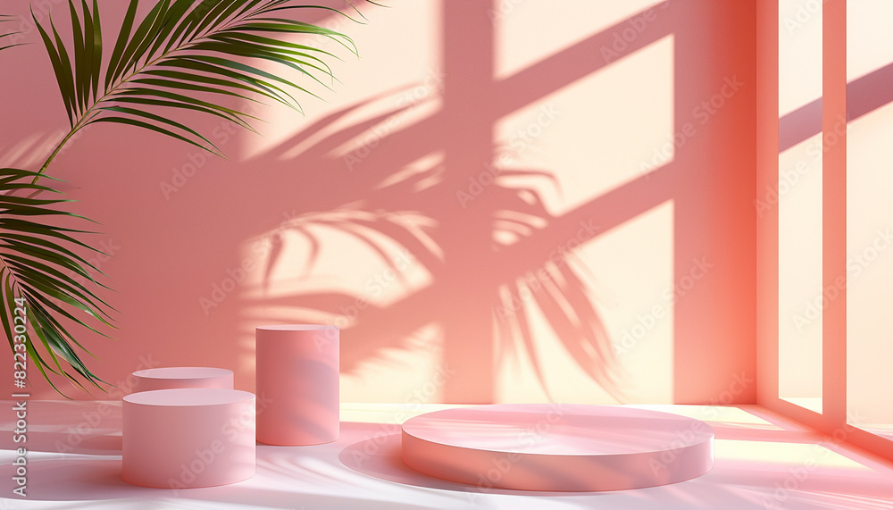 3d rendering mockup product presentation podium display with leaf and leaf shadow with simple colour background generated by AI 3d rendering mockup product presentation podium display with leaf and leaf shadow with simple colour background generated by AI