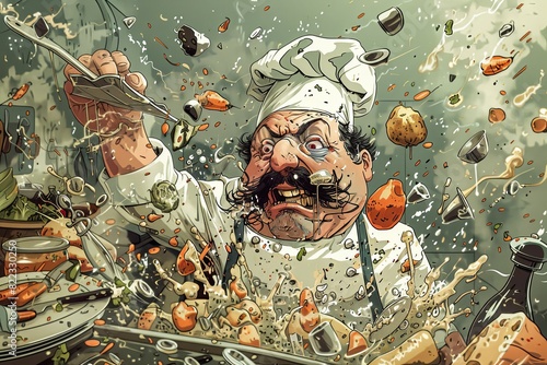 Caricature Cartoon Culinary Catastrophe: A frantic kitchen scene unfolds, filled with exaggerated chaos. A portly chef throws ingredients in every direction. photo