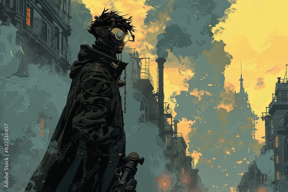 A bustling, smog-filled steampunk city street unfolds. A lone inventor with goggles perched on their tear-streaked face clutches a broken prototype, the gears grinding to a halt A bustling, smog-filled steampunk city street unfolds. A lone inventor with goggles perched on their tear-streaked face clutches a broken prototype, the gears grinding to a halt