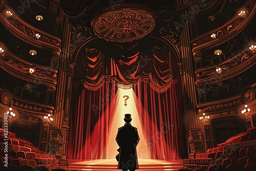 Masked Murder Mystery: A grand opera house with overflowing balconies and dramatically draped curtains. A spotlight shines on a renowned opera singer, their face obscured by a jeweled mas photo