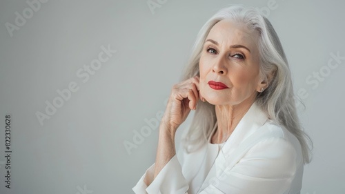 Graceful older lady in white attire, clean aesthetic, neutral background, thoughtful pose, modern style
