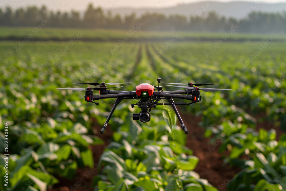 A drone hovers over a green agricultural field, capturing aerial footage during sunset, showcasing modern farming technology. A drone hovers over a green agricultural field, capturing aerial footage during sunset, showcasing modern farming technology.