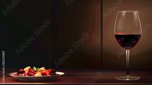 a realistic vertical photograph of gourmet restaurant table. With a glass of red wine. Generative Ai photo