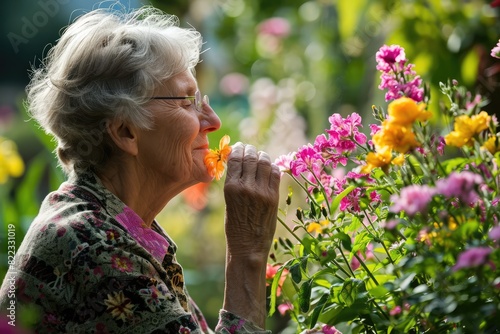 Fototapeta Naklejka Na Ścianę i Meble -  A senior woman smelling flowers in a garden, simple pleasures