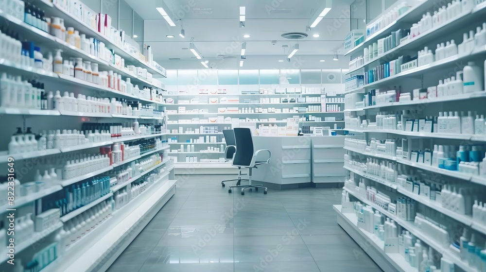 clean and modern empty pharmacy interior with wellstocked shelves healthcare background clean and modern empty pharmacy interior with wellstocked shelves healthcare background