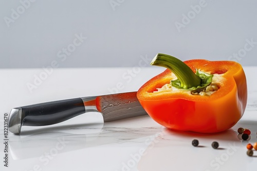 A sleek ceramic knife beside a vibrant bell pepper slice 
