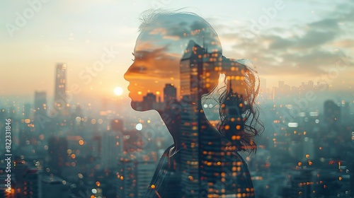 Double exposure Business, Woman leading a workshop, overlaid with a city skyline at sunset, illustrating the role of professional development in urban business success. Illustration image, © DARIKA
