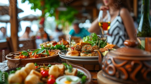 An elegant Mediterranean feast beautifully presented on a table at a seaside restaurant, with a variety of colorful dishes under soft lighting.