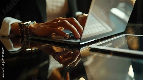 closeup of businesswomans hands typing on laptop keyboard with reflection on digital tablet remote work concept photograph