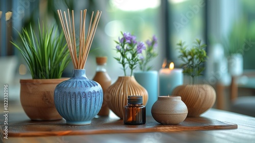aromatherapy setup, on table, essential oils and diffusers await to create a soothing ambiance in your home with enchanting fragrances photo