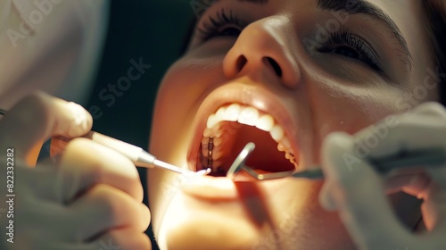 A woman is getting her teeth cleaned by a dentist photo
