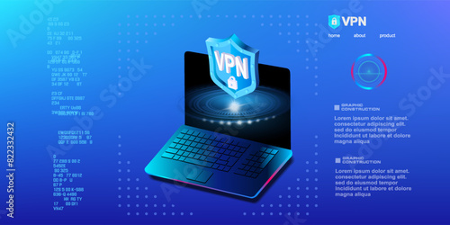 Computer with futuristic holographic sign is protected by data and VPN blocking bypass. Virtual private network. Personal protection. Network security concept. Virtual closed network icon