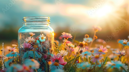 A clear jar filled with wildflowers sits among a meadow of daisies under a bright, warm sunset photo