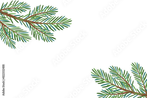Christmas tree corner decoration. Fir tree branches. Pine  spruce branch. Hand drawn holiday vector illustration isolated on white. For New year  winter season headers  cards  party posters.