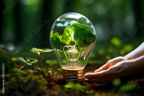 Conceptual image of light bulb on green nature, energy sources from fresh leaves, World Earth Day concept, generative AI