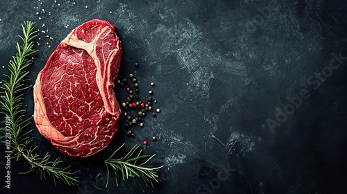 Wallpaper Mural Black Angus Rib Eye steak, raw marbled beef meat with herbs. Dark background. Top view.Generative Ai Torontodigital.ca