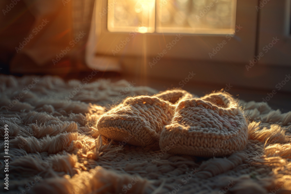 Cozy Knitted Slippers on Fluffy Rug by Sunny Window Cozy Knitted Slippers on Fluffy Rug by Sunny Window