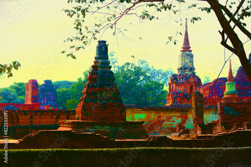 Ruins of Buddhist ancient shikhara, dagoba, stupa in southern Thailand, Ayutthaya. The ancient capital of the kingdom of Ayutthaya, which preceded Siam, 14th century photo