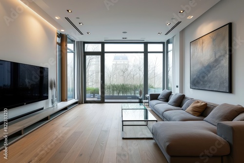 A spacious living room in a modern minimalist style with large windows. Smooth white walls, wooden flooring. A comfortable gray couch, glass coffee table. A large painting in a black frame on the wall