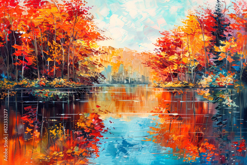 Natural colorful panoramic oil painted landscape. Seasonal september autumnal scene with red forest, reflections in water. Print greeting card, illustrations calendar, poster background, art wallpaper