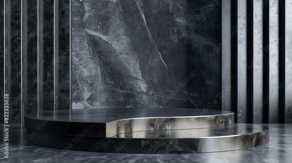 Elegant black product showcased on a contemporary podium amidst intricate abstract architectural shapes. 