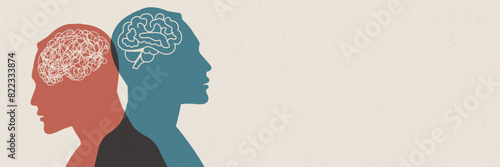 Metaphor bipolar disorder mind mental. Double face with tangle and untangle brain. Concept mood disorder.Split personality. 2 Head silhouette.Psychology. Mental health. Psychiatry