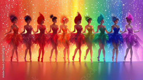 cartoon style illustration of diverse dancers in rainbow-colored costumes vector illustration detailed,
