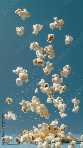 Popcorn falling into the air with a blue background, sugary food background  photo