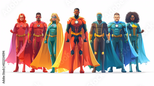 cartoon style illustration of diverse group of superheroes with rainbow capes vector illustration detailed,