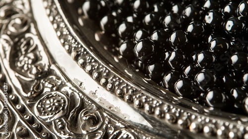 Black caviar on silver vintage plate close up. Generative Ai