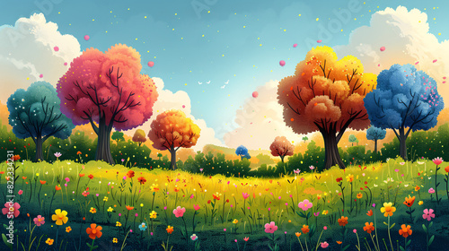 cartoon style illustration of magical forest with rainbow trees and diverse characters vector illustration detailed,