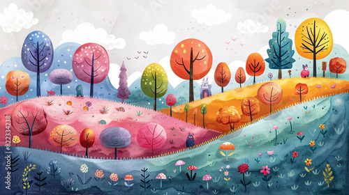 cartoon style illustration of magical forest with rainbow trees and diverse characters vector illustration detailed,