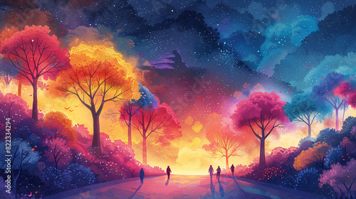 cartoon style illustration of magical forest with rainbow trees and diverse characters vector illustration detailed,