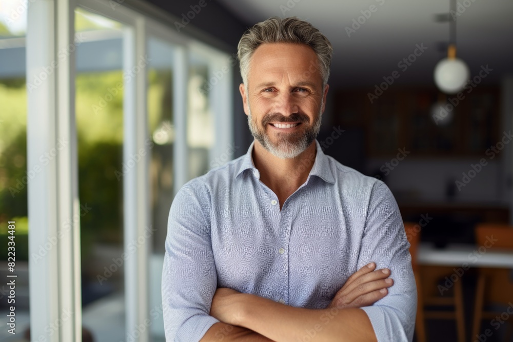Fototapeta premium Portrait of a satisfied man in his 50s with arms crossed over stylized simple home office background