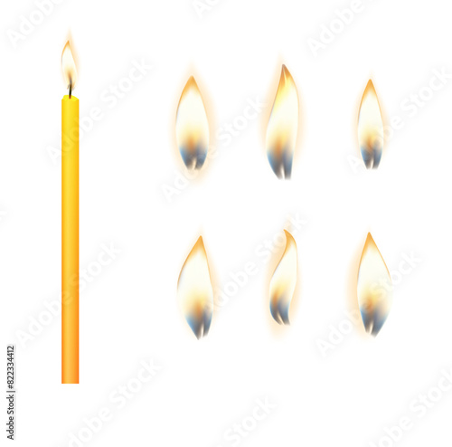 3d realistic white and paraffin or wax burning party candle and different flame of a candle icon set closeup isolated. Vector