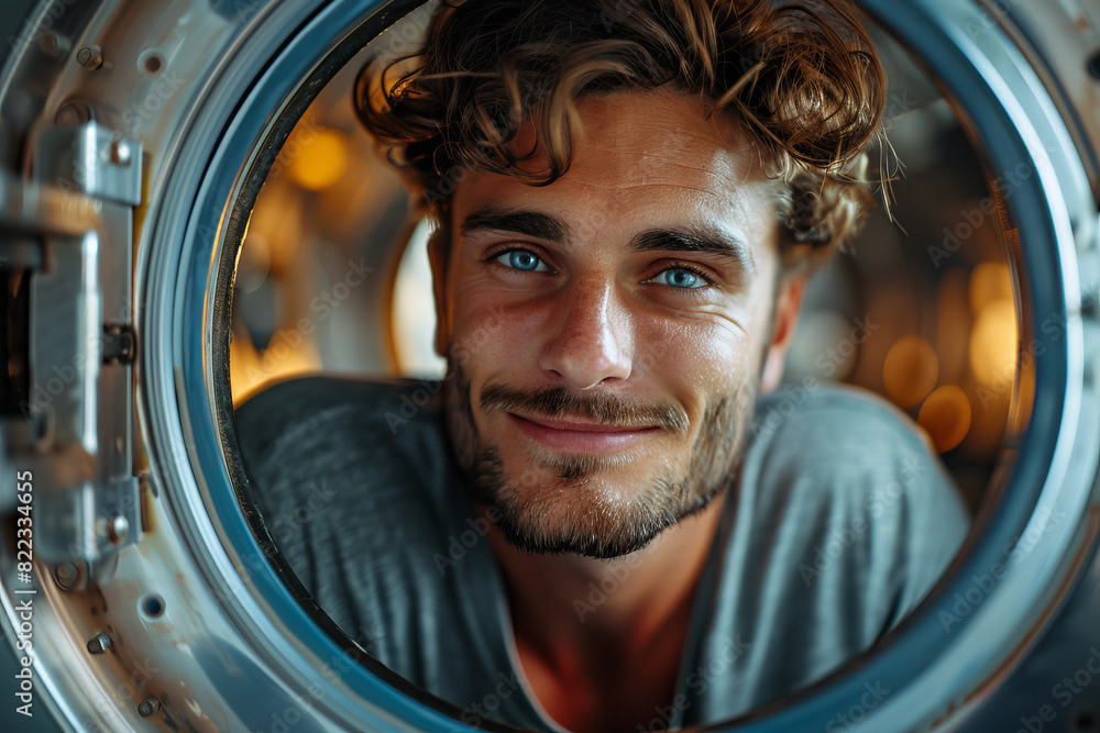 Smiling Man Looking Through Circular Window of Industrial Machine with Warm Lighting Smiling Man Looking Through Circular Window of Industrial Machine with Warm Lighting