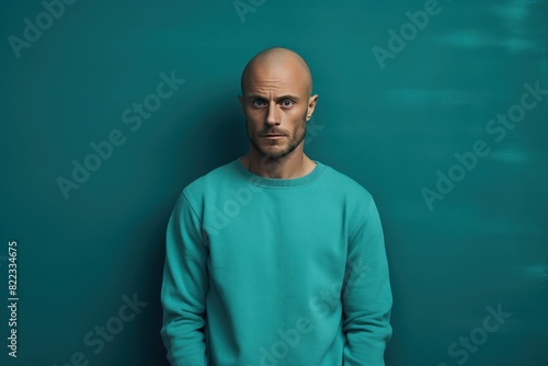 Teal background sad european white man realistic person portrait of young beautiful bad mood expression man Isolated on Background depression anxiety 