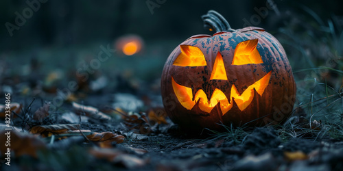 Spooky Halloween Jack o  Lantern in Dark Forest with Glowing Candlelight