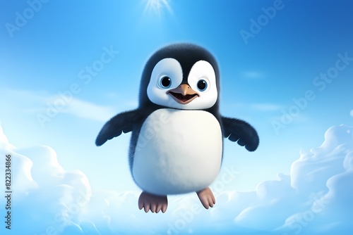 Cute penguin cartoon is jumping high in the air