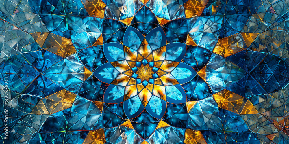 Intricate Blue and Gold Stained Glass Flower Pattern with Geometric Design in Abstract Art Intricate Blue and Gold Stained Glass Flower Pattern with Geometric Design in Abstract Art