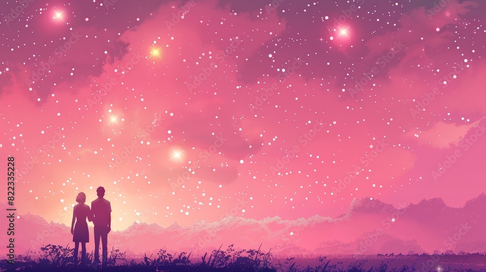Fototapeta premium create a banner with with a pink background and a couple on the left looking at the stars.. use real faces