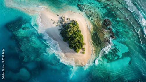 A breathtaking aerial view of a sandy island surrounded by crystal clear Caribbean water. The natural landscape includes a beautiful beach and fluid wind waves © vannet