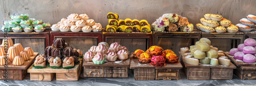 Colorful Assorted Sweets and Pastries Displayed on Wooden Stands